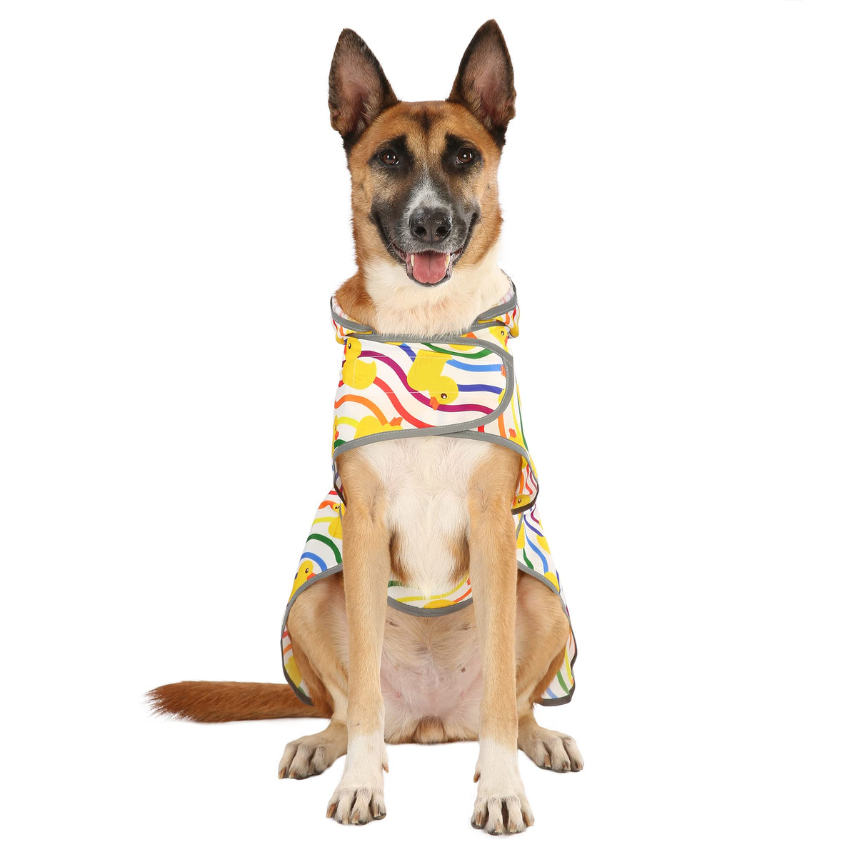 Dog Raincoat for Large Dogs Waterproof Jacket Hooded Rain Coats with Reflective Strips Leash Hole & Poncho Adjustable Fit (Rainbow Ducks / XX-Large)