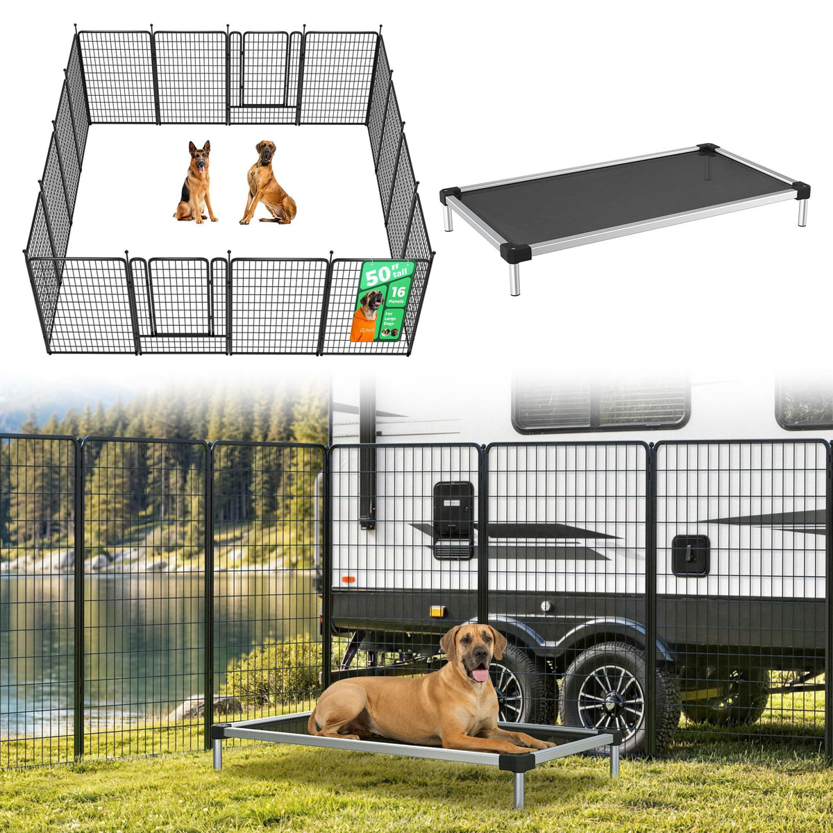 Rollick Dog Playpen with Cooling Mesh Dog Bed (Black / 50"H)