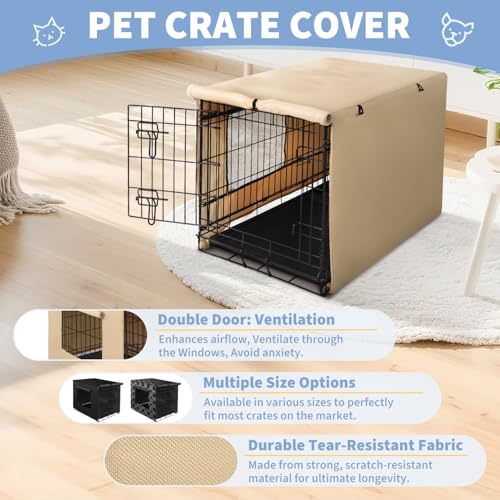 Dog Crate Cover Waterproof Kennel Cover (42.9"L x 28.3"W x 30.3"H / Beige with Window)