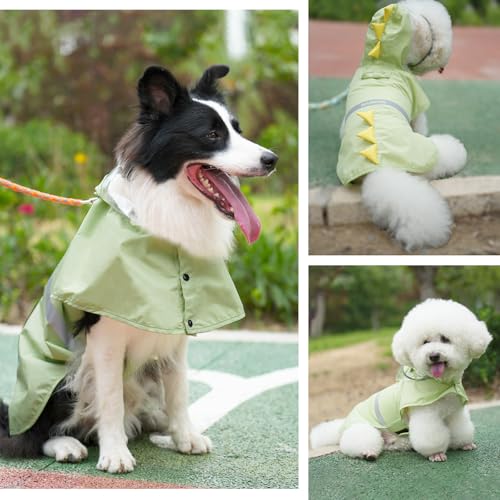 Dog Raincoat Waterproof Reflective Adjustable Hooded Dog Rain Coat with Leash Hole (Green Dinosaur / X-Large(37-55lb))