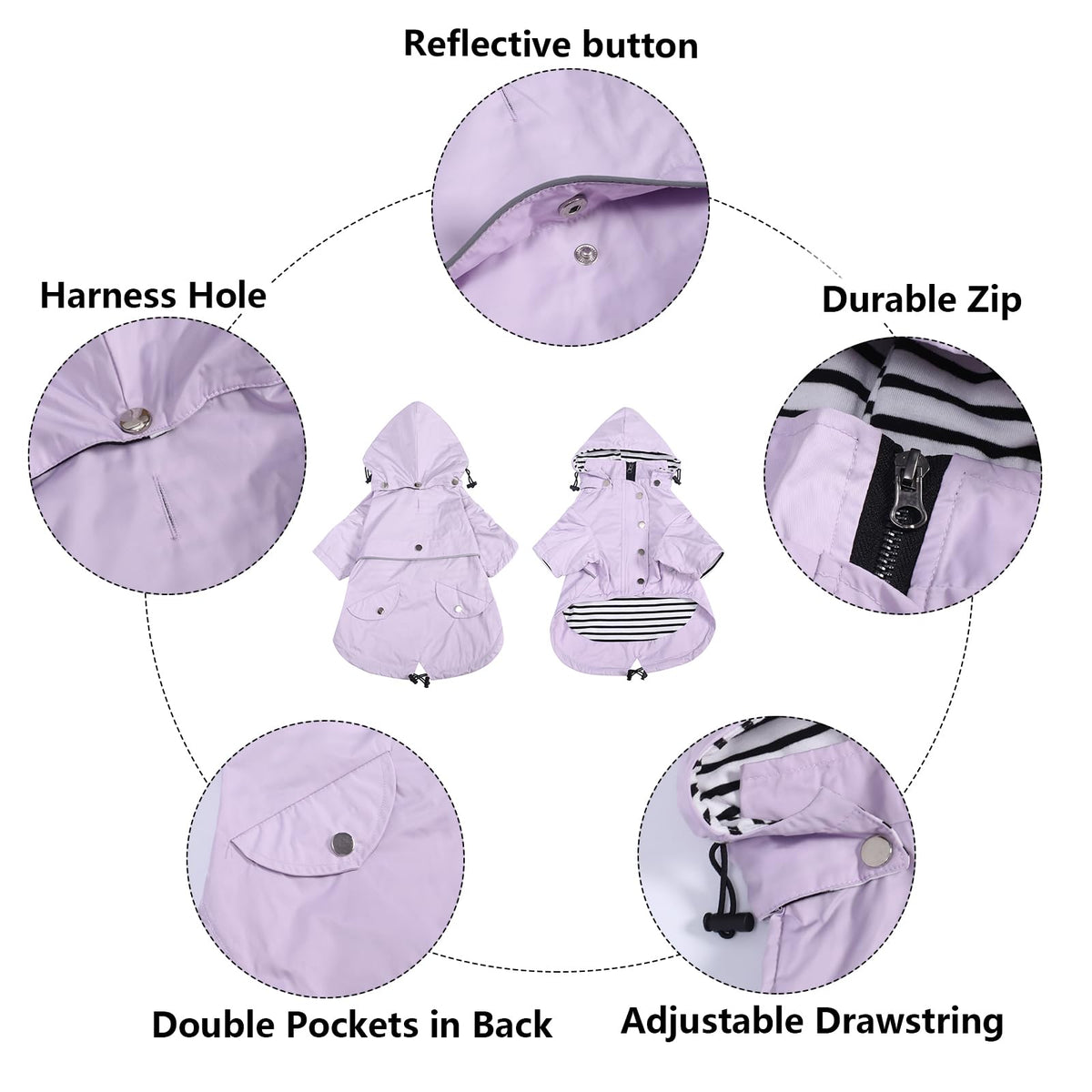 Dog Zip Up Raincoat with Reflective Buttons (Medium / Purple)