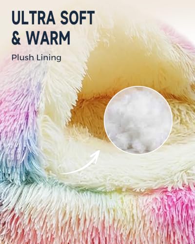 Cat Bed Round Plush Fluffy Hooded Cave (20.0"L x 20.0"W x 6.0"Th / Multicolor)