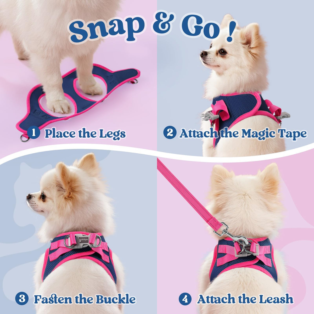 Dog Harness Small Sized and Leash Set (Navy Blue & Rose Red / S (Chest: 15.1"-16.5"))
