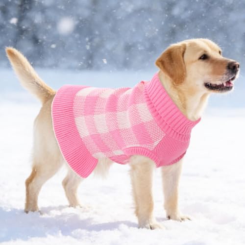 Dog Sweater Dress Plaid Knitwear for Large Dogs Girl Christmas Clothes (Pink / XX-Large)