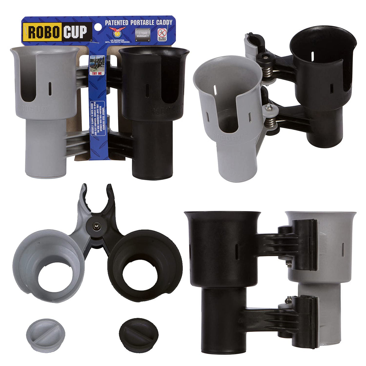 Black&Gray), Patented Clamp On Boat Cup Holder | Multifunction Dual Drink Caddy for Fishing Poles, Tools, Net, Gaff | Portable Storage for Boating, Beach, Umbrellas, Golf Carts, Strollers (Black & Gray / Standard Spring)