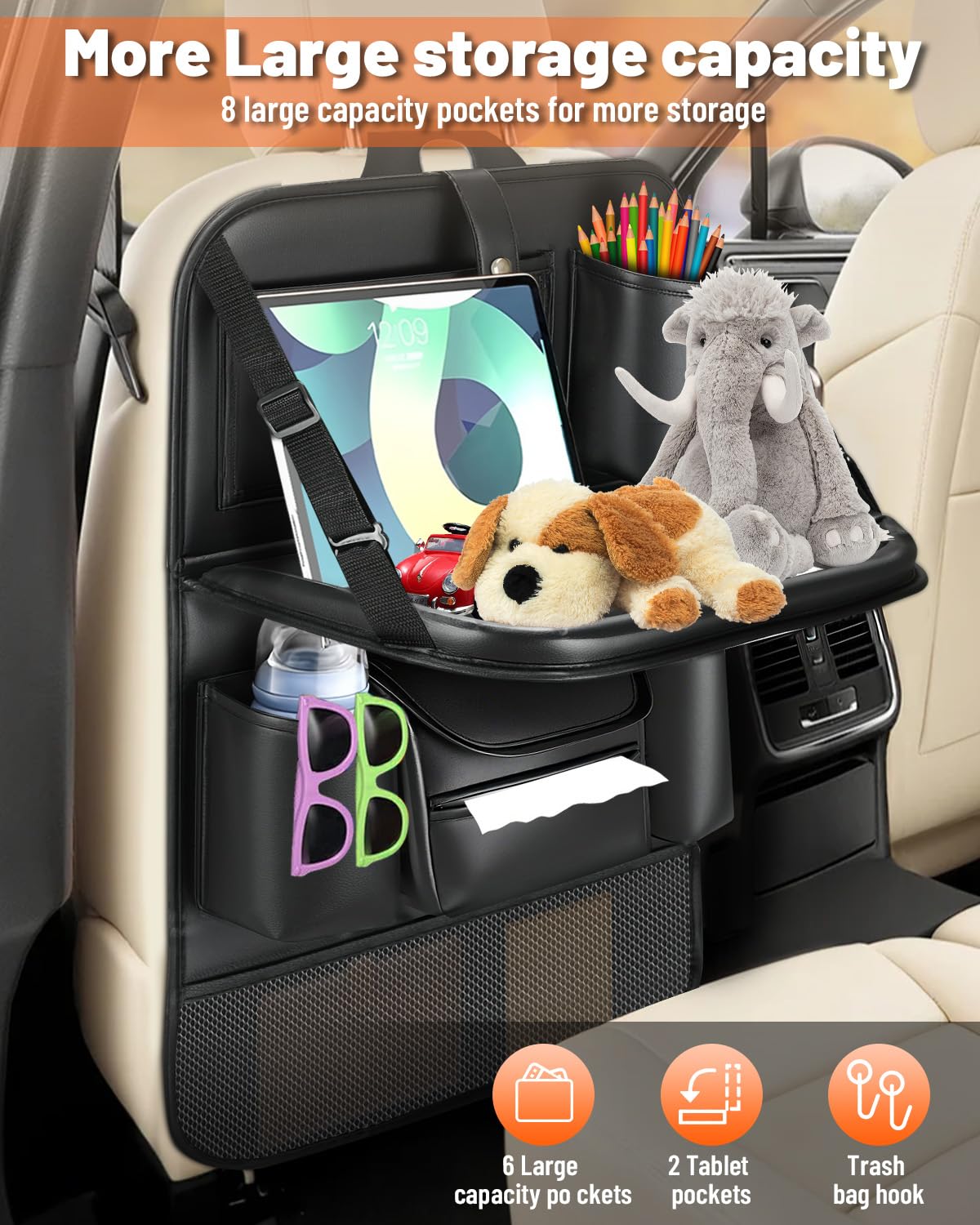 2 Pack Leather Car Backseat Organizer with Foldable Table Tray (2PCS)