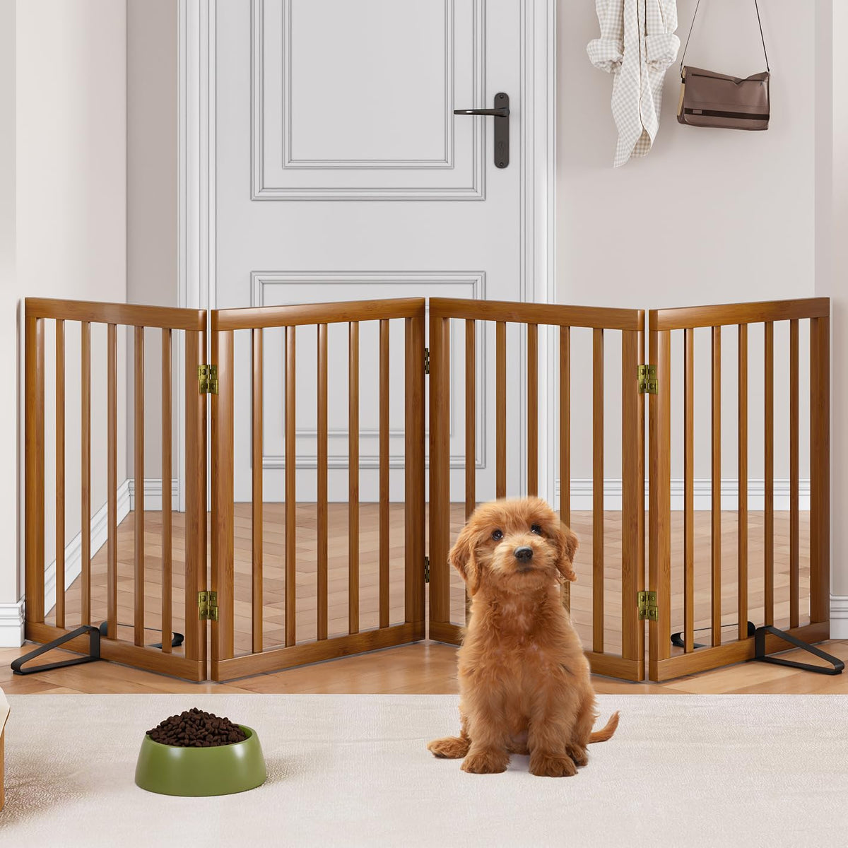 Freestanding Pet Gate Foldable 4 Panel Dog Gate Walnut Dog Gates for Stair Doorways House Indoor (Walnut / 4 Panel - 74 inches Wide)
