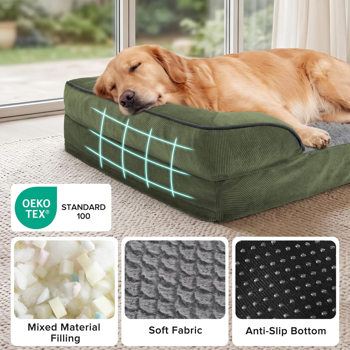 Orthopedic Extra Large Dog Bed (Green / XXL (48"x 35"x 7.5"))