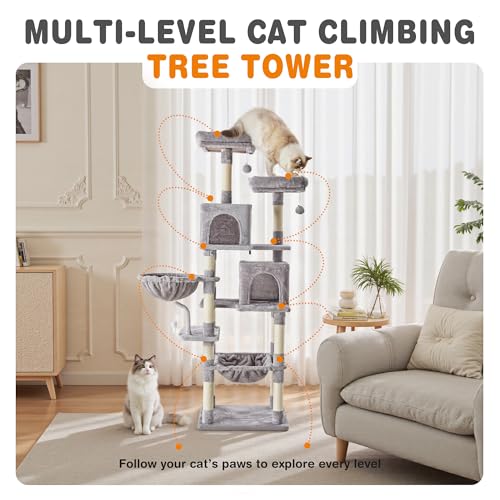 71 Inch Large Cat Tree Tower with Sisal Scratching Post (Light Grey / 71 Inches)