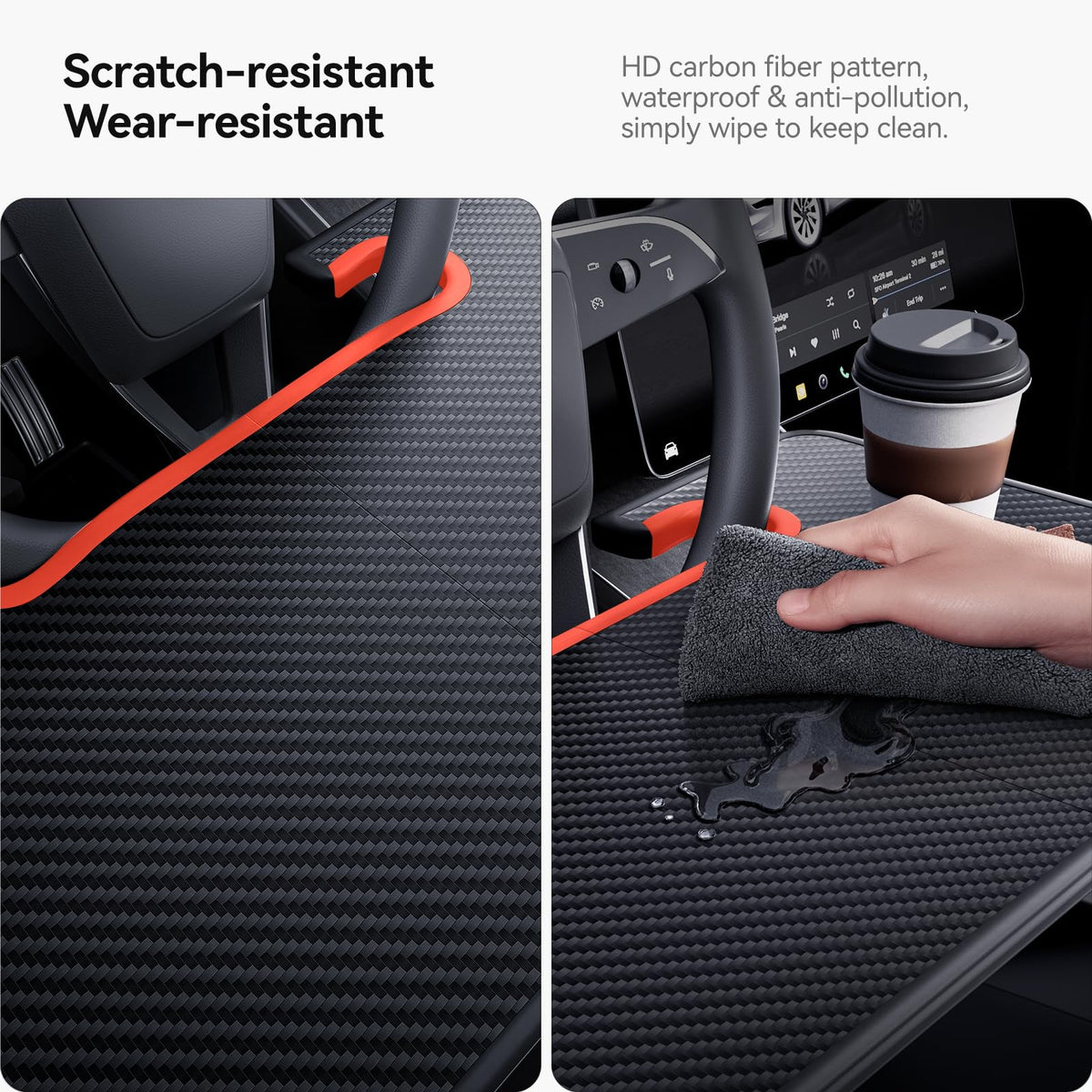 2-in-1 Car Steering Wheel Desk Tray & Car Seat Gap Filler Organizer – Foldable Carbon Fiber Look Table for Laptop, Eating, Writing – for Standard Round Steering Wheels (Orange)