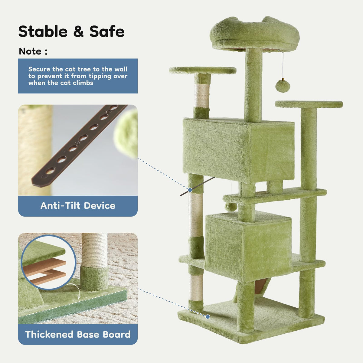 54 in Cat Tree Tower with Natural Sisal Scratching Post (Green / 54"×19.7"×19.7")