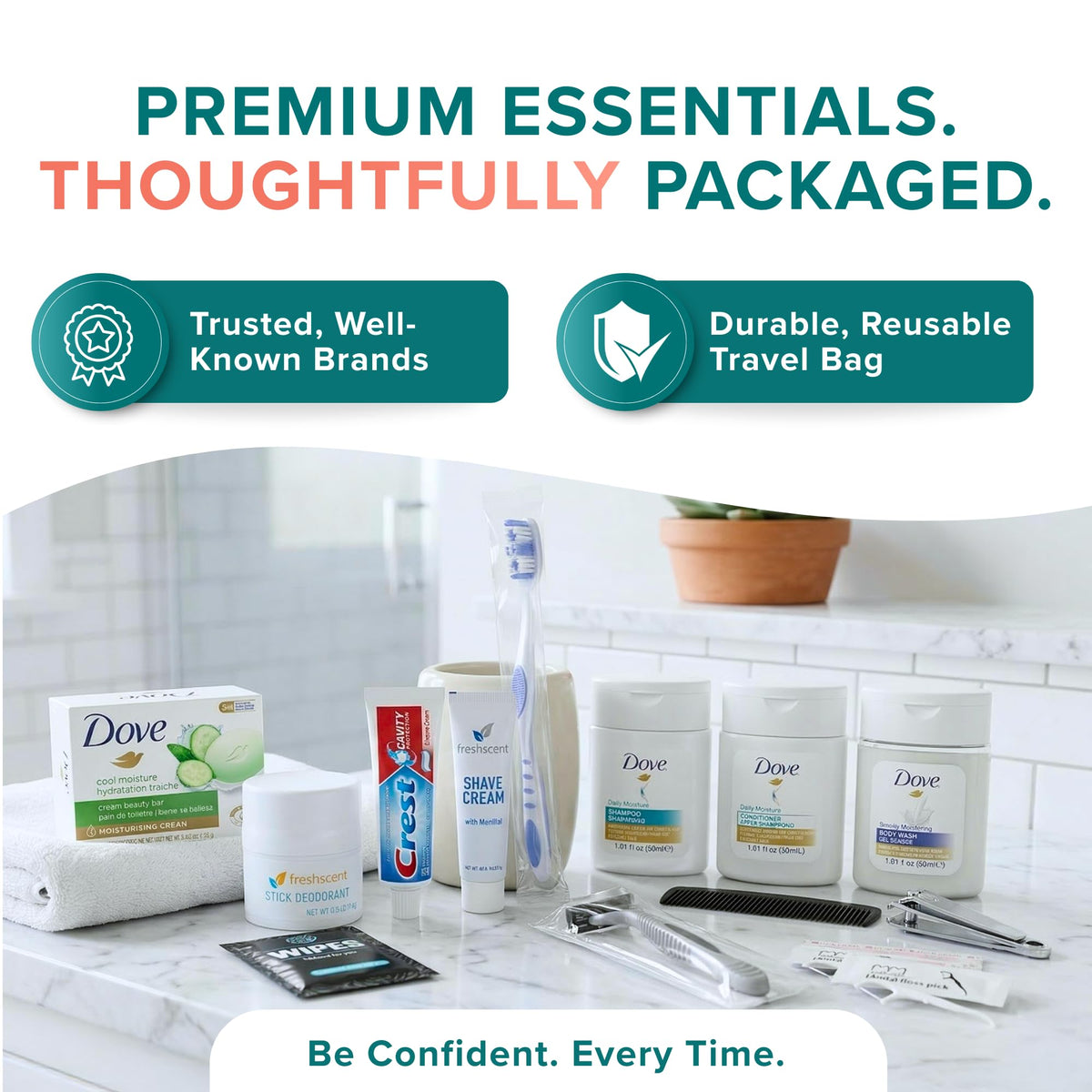 Bulk Hygiene Kits Unisex Premium Name Brand for Care Packages (100 Pack)