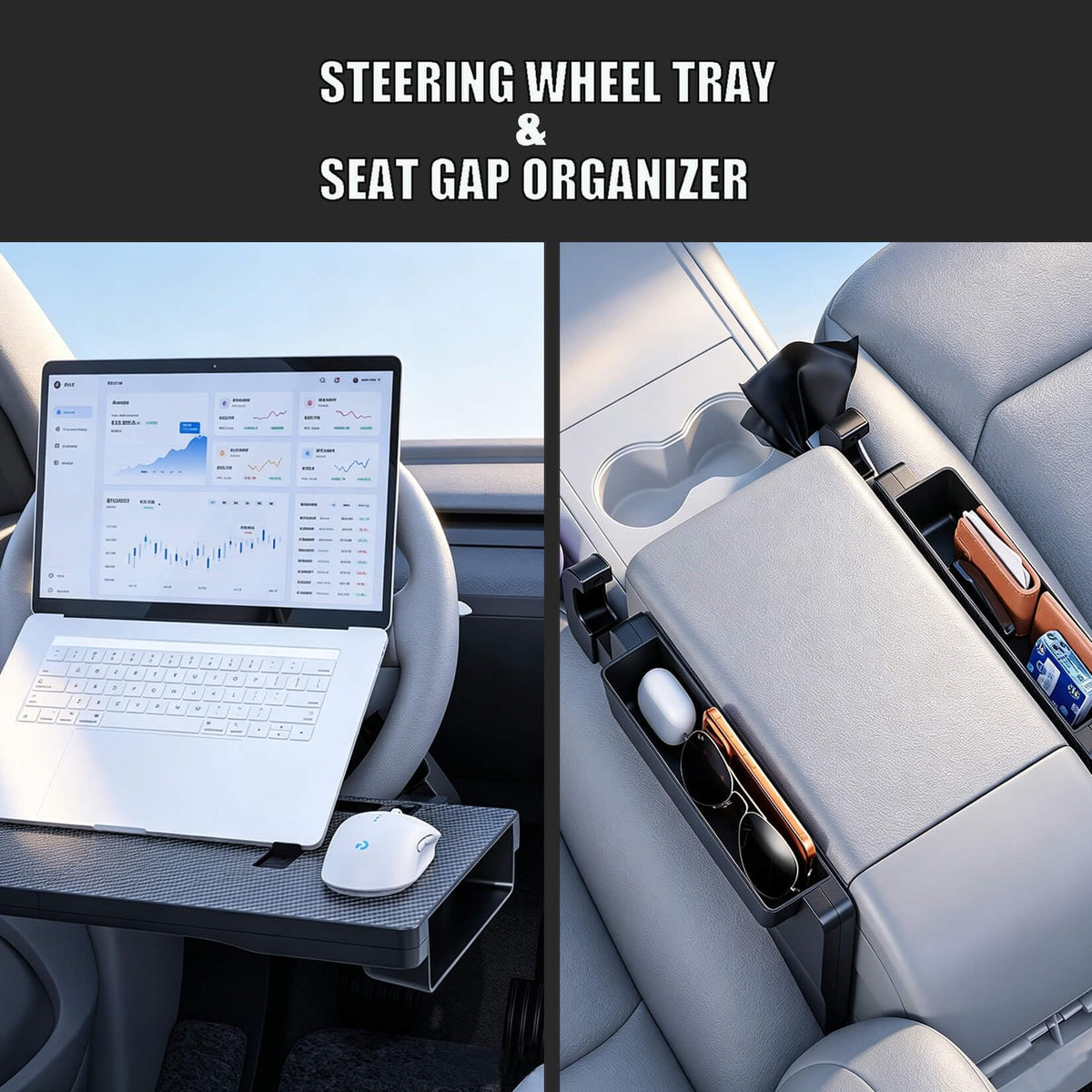 Car Steering Wheel Tray Table & Seat Gap Filler Organizer (18.9"*10.24")
