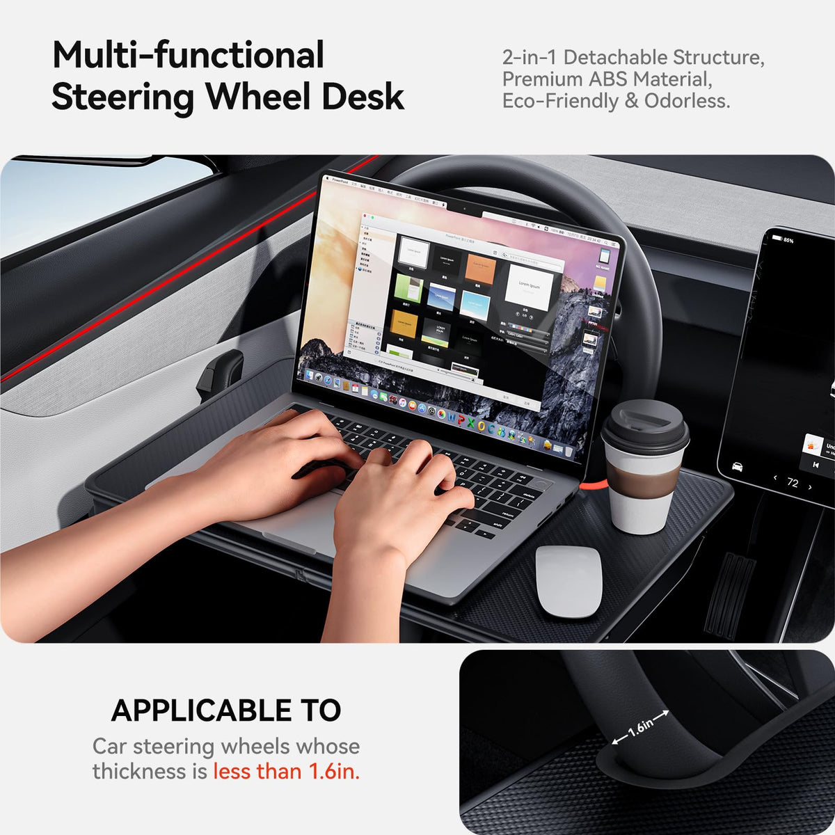 2-in-1 Car Steering Wheel Desk Tray & Car Seat Gap Filler Organizer – Foldable Carbon Fiber Look Table for Laptop, Eating, Writing – for Standard Round Steering Wheels (Orange)