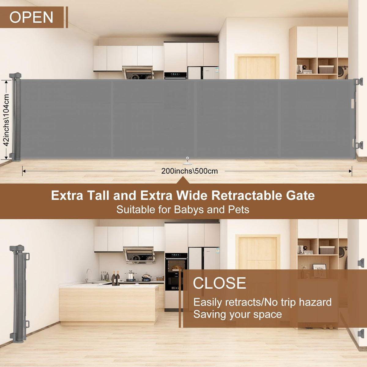 200 inch Reinforced Retractable Baby Gates 42 inch Tall (Gray / 42" Tall x 200" Wide)