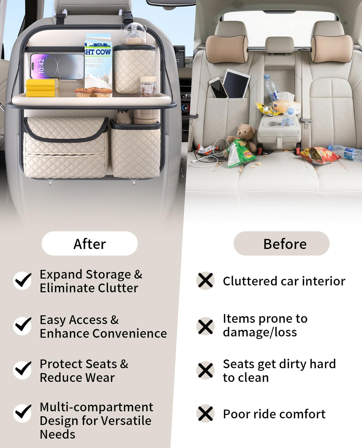 PU Leather Backseat Car Organizer with Tray (Beige)
