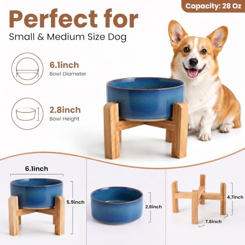 Elevated Ceramic Dog Bowl with Bamboo Stand (Deep Blue / 3.6Cup)