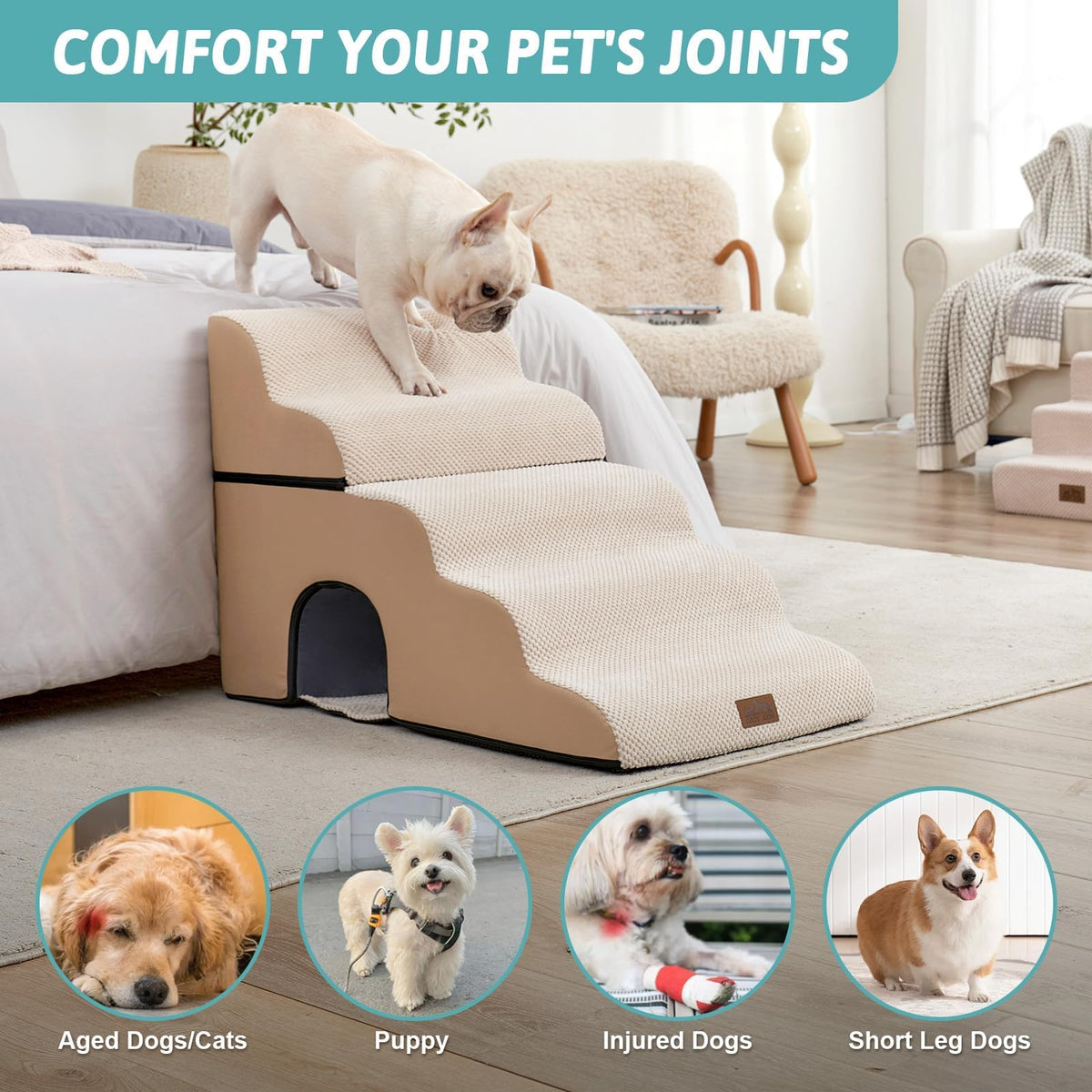 Extra Wide Small Dog Stairs with Tunnel (Beige / Detachable 19.7" x 33" x 22.4")