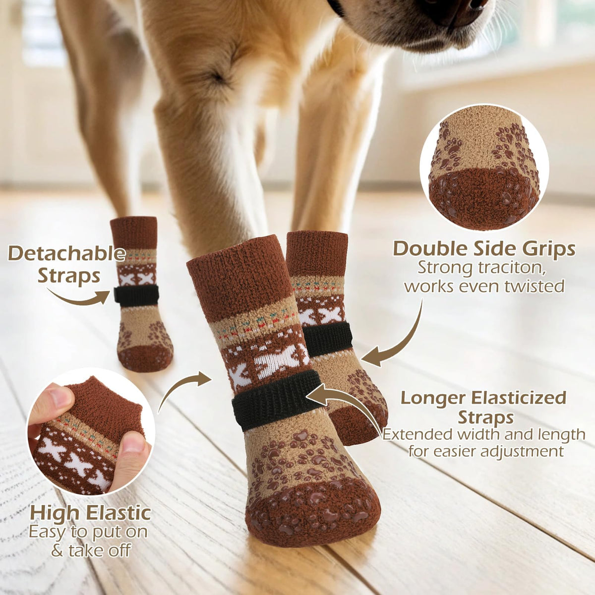 Anti Slip Dog Socks to Prevent Licking Paws for Hot Pavement (Khaki / X-Large)