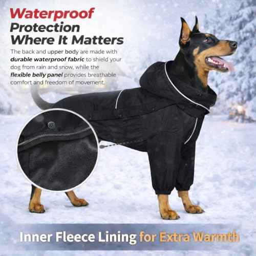 Fleece Lined Dog Raincoat with Removable Hood (Black-Fleeced / 3XL (Back 22"))