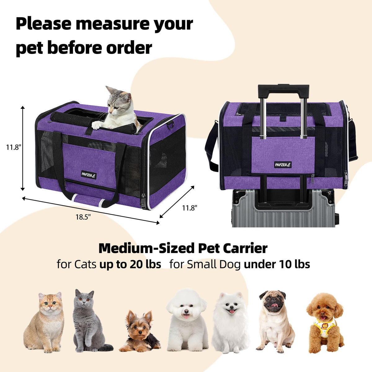 Cat Carrier Soft (Purple / 18.5"L x 11.8"W x 11.8"H)