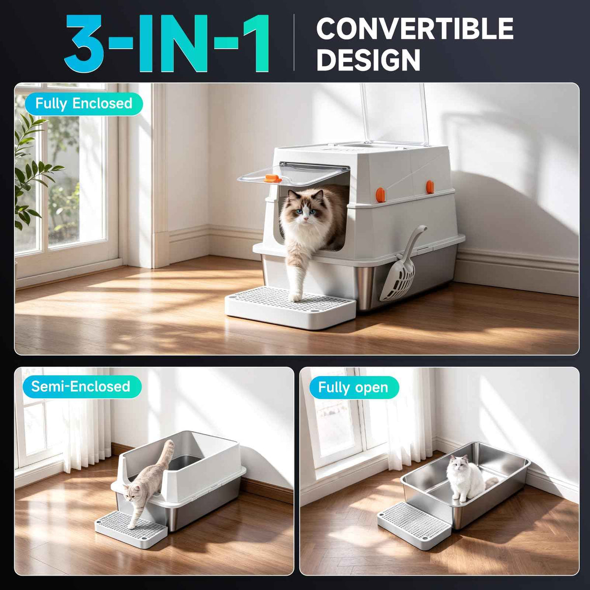 XL Enclosed Stainless Steel Litter Box (Grey-Covered XL.)