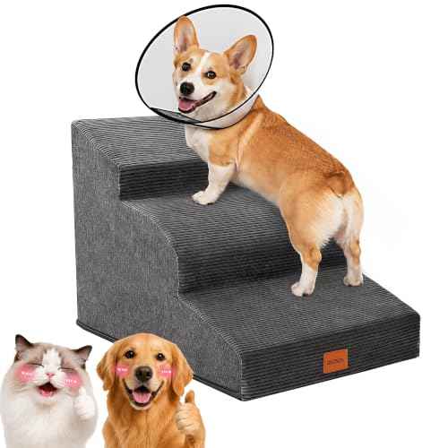3 Step Curved Dog Stairs 15.7" H for Small Dogs Low Couch & Sofa (Deep Grey / 15.7x22.4x15.7in)