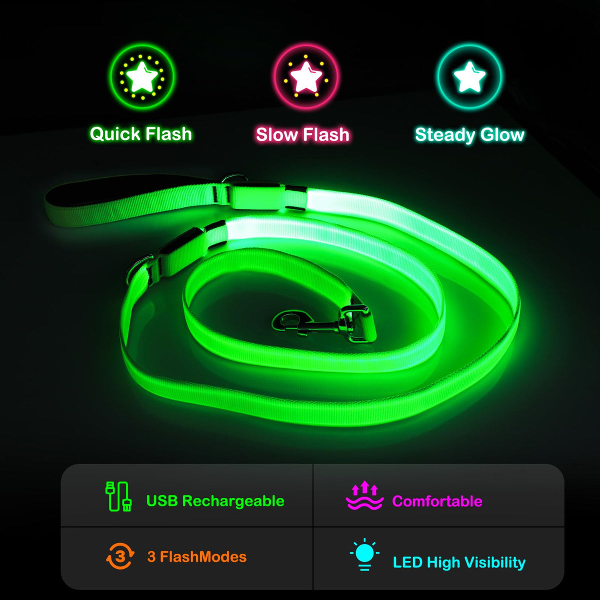 LED Light Up Dog Leash (Green / 6 Ft)