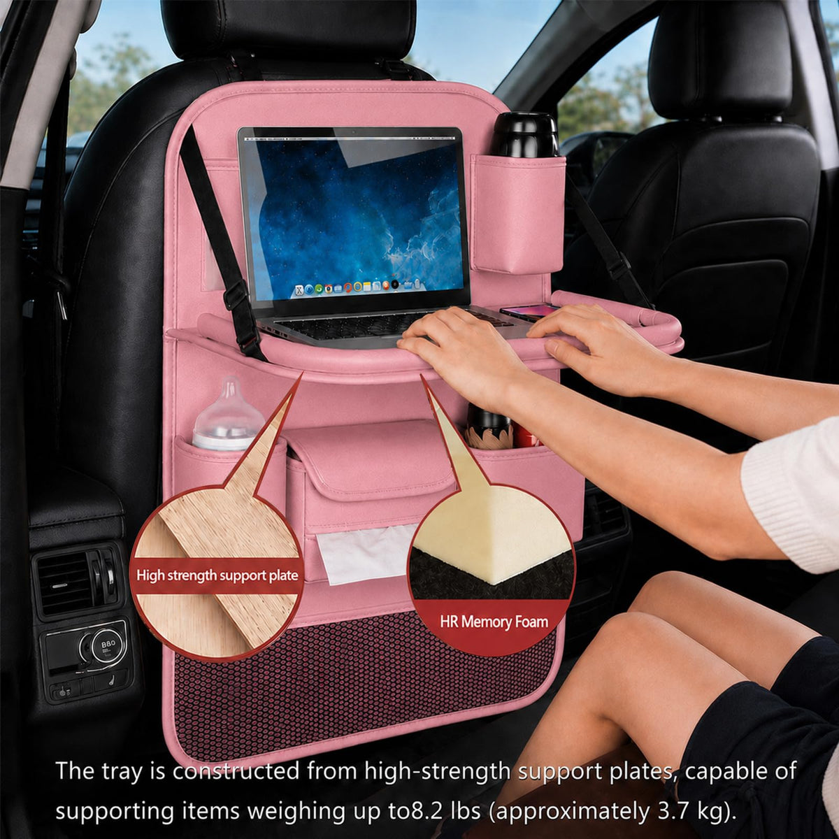 2 Pack Leather Car Backseat Organizer with Foldable Table Tray (Pink)