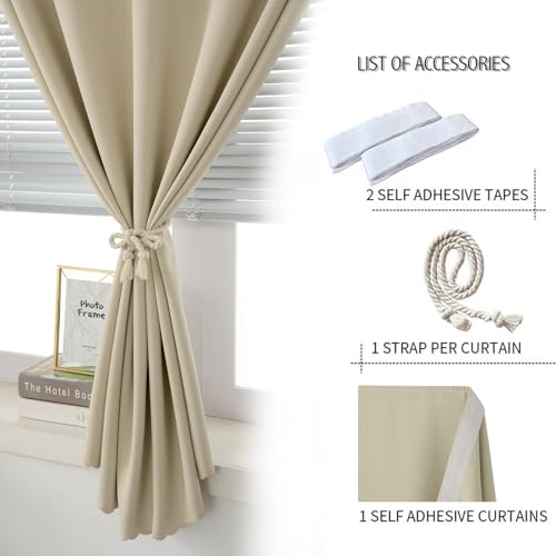 Blackout Curtains with Self Adhesive Tape No Rod No Drill Easy Install Window Cover for Bedroom Kitchen Dorm 46" W x 71" L Beige 1 Panel (46"W x 71"L (Pack of 1) / Beige)