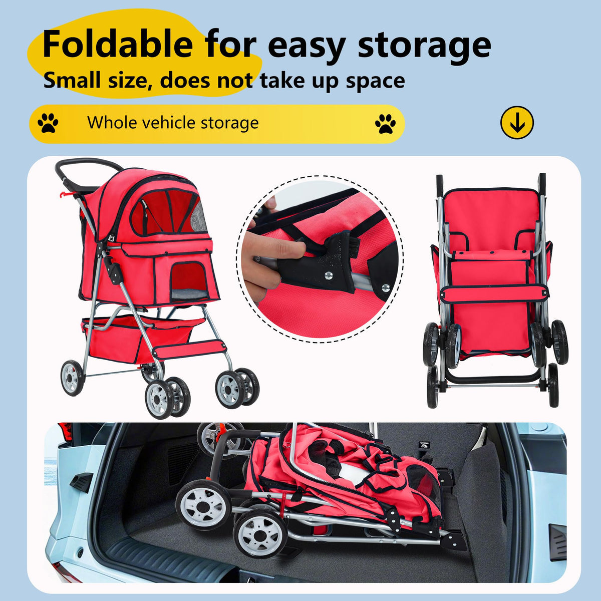 4 Wheel Foldable Pet Stroller (Red / 4 Wheels)