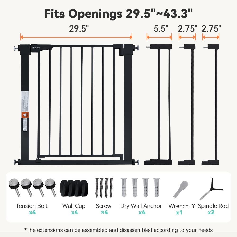 30" Tall Baby Gate for Stairs Doorways (30"Tall 43.3"Wide / Black)