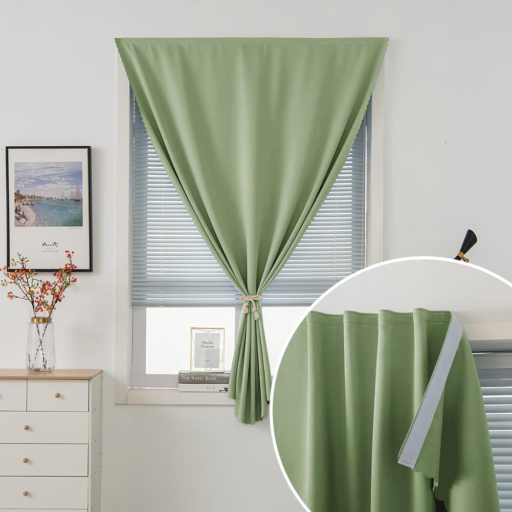 Magic Tape Blackout Curtains for Bedroom No Drillng Self Adhesive Curtains No Rod Small Window (59"W x 71"L (Pack of 1) / Sage Green)