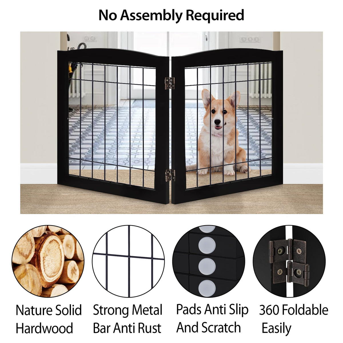 2 Panel Freestanding Foldable Wood Dog Gate (24"Height-2 Panel / Black)