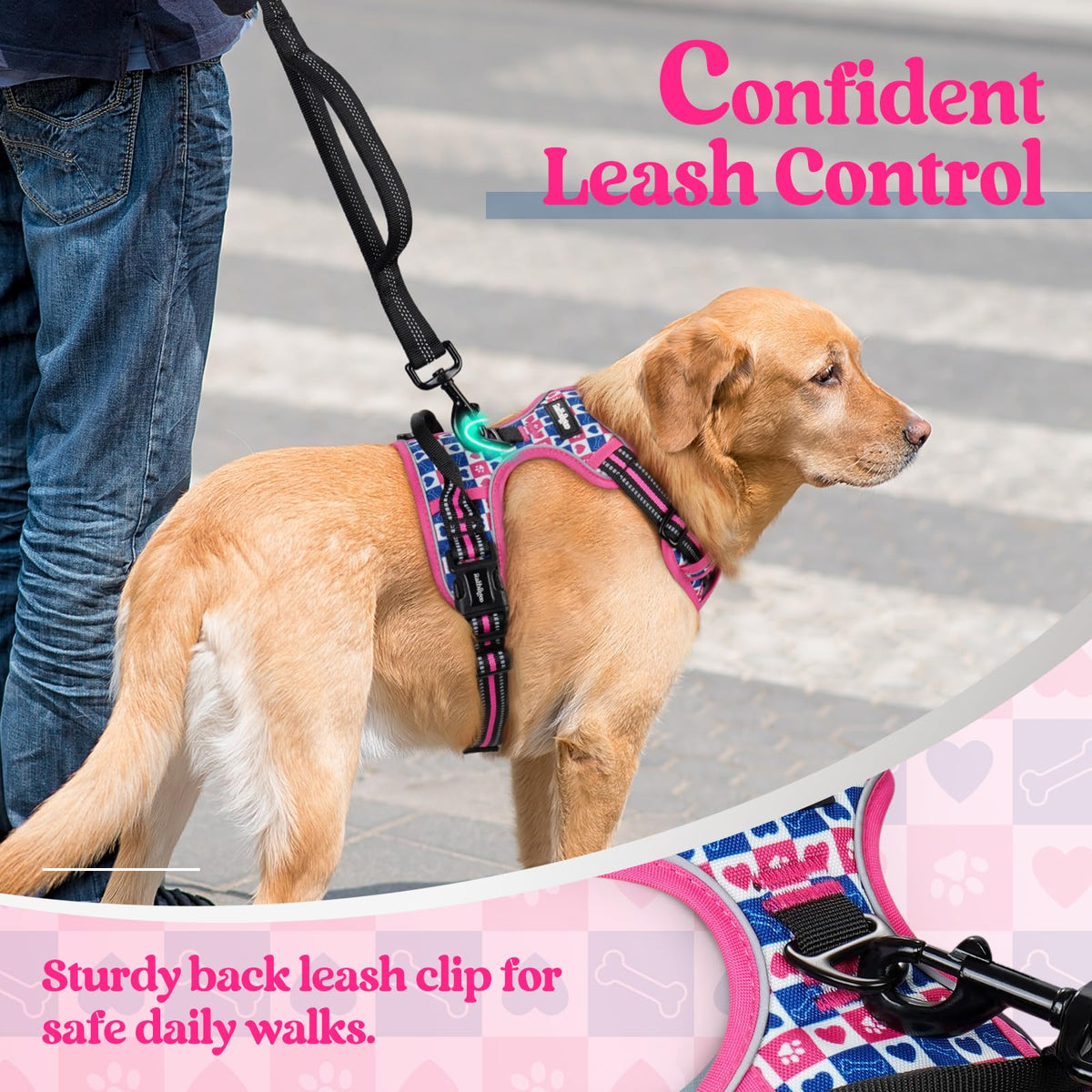 Dog Harness No Pull for Large Dogs with 2 Leash Clips (Large / Hot Pink Grid)