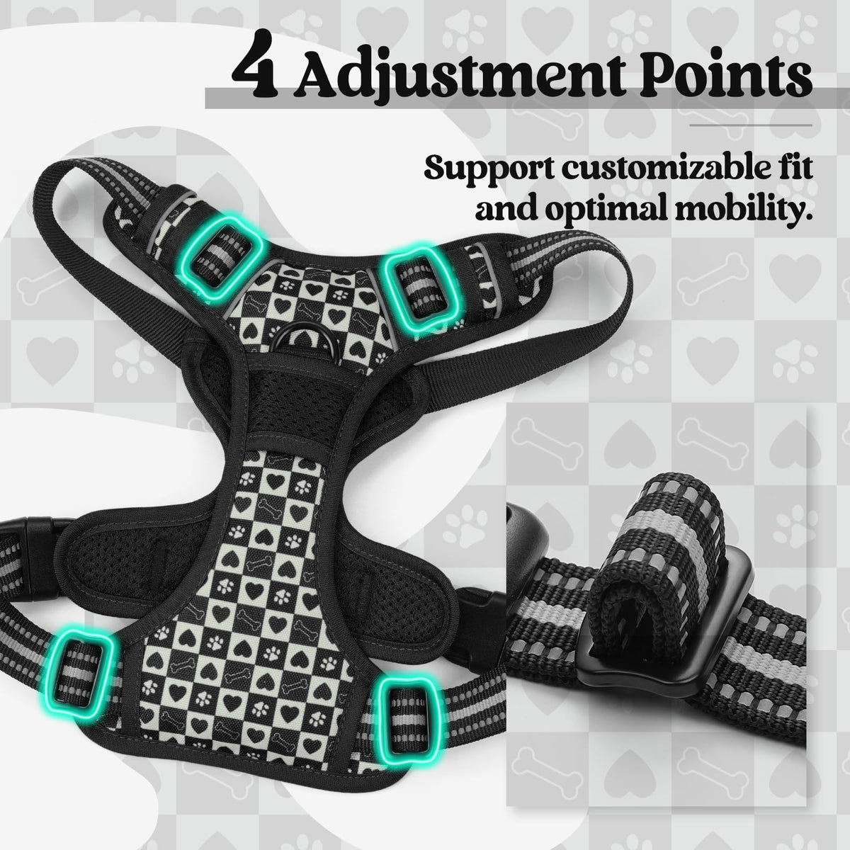 Dog Harness No Pull for Large Dogs with 2 Leash Clips (Medium / Black Grid)