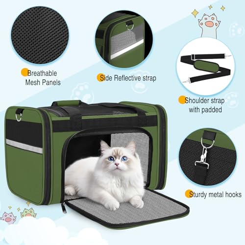 Large Cat Carrier Soft Sided Travel Pet Carrier Airline Approved (Army Green)