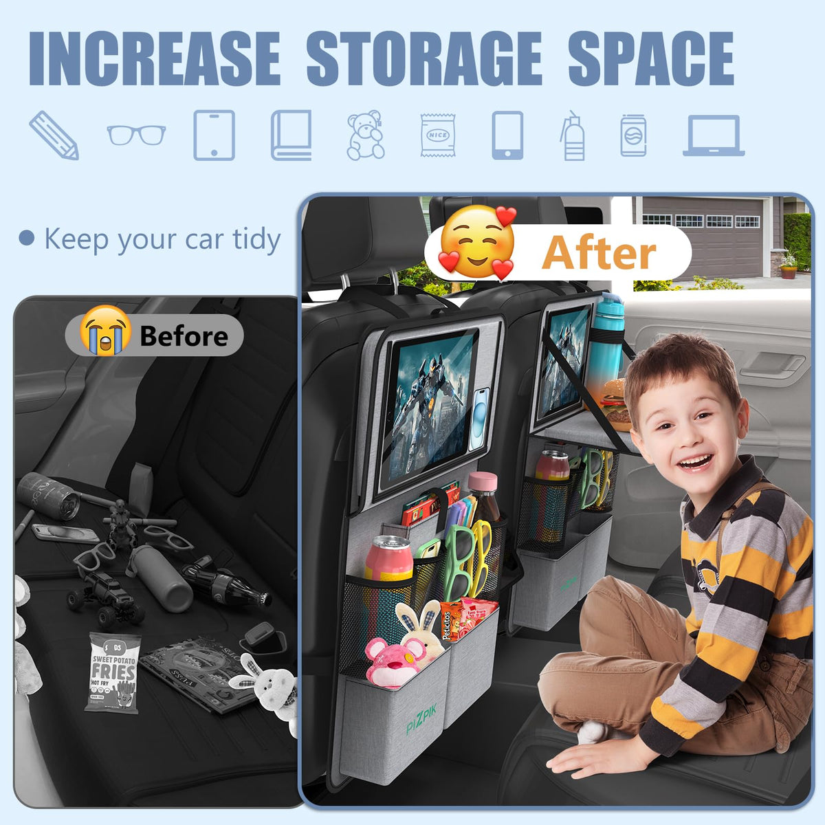 Car Backseat Organizer with Tablet Holder (Gray / 2pack)