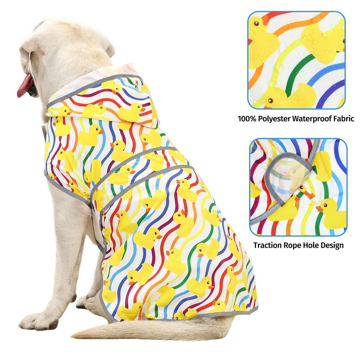 Dog Raincoat for Large Dogs Waterproof Jacket Hooded Rain Coats with Reflective Strips Leash Hole & Poncho Adjustable Fit (Rainbow Ducks / XX-Large)
