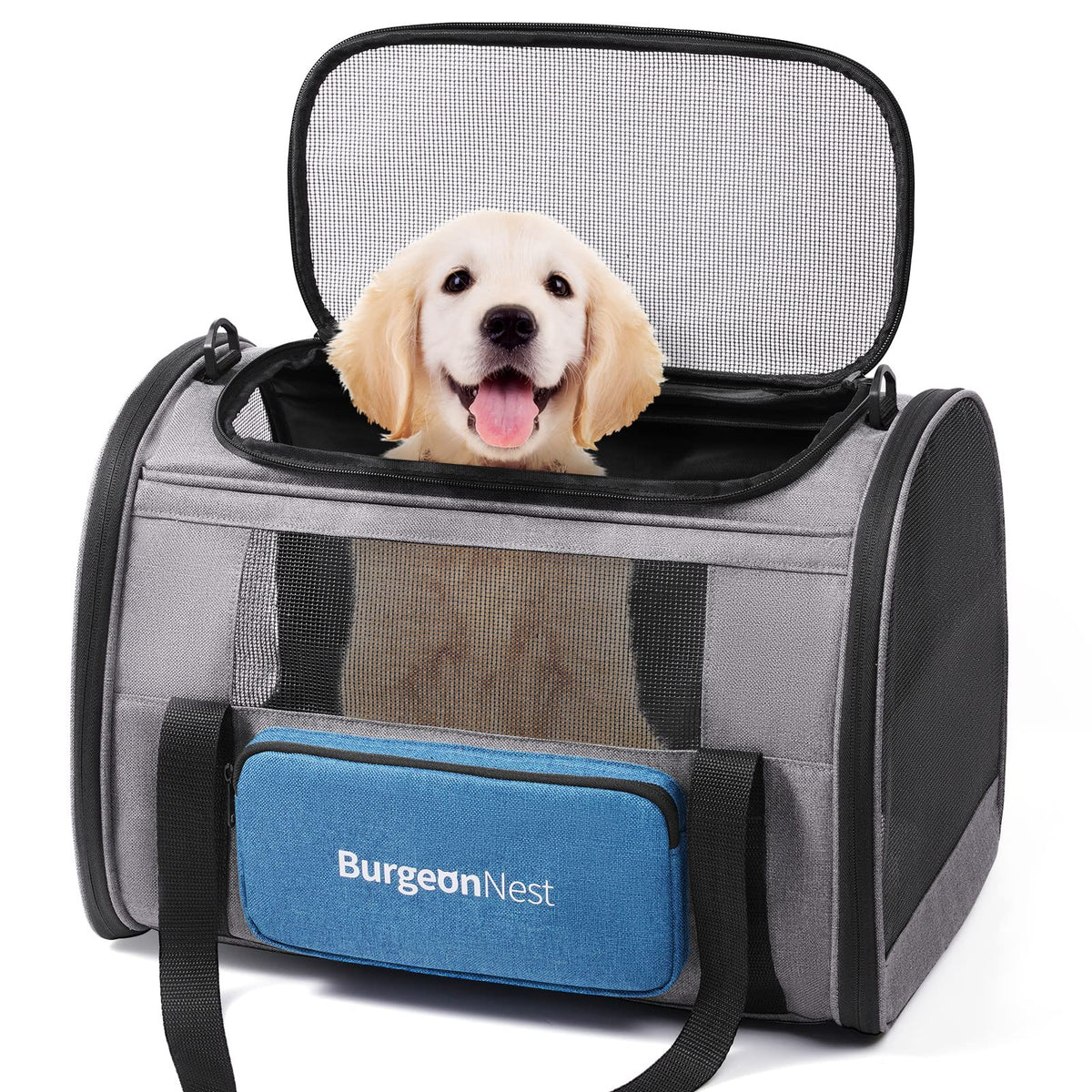 Pet Carrier for Large Cats up to 25 lbs with Unique Side Bag (Blue / 19.3"L x 12.0"W x 13.4"H)