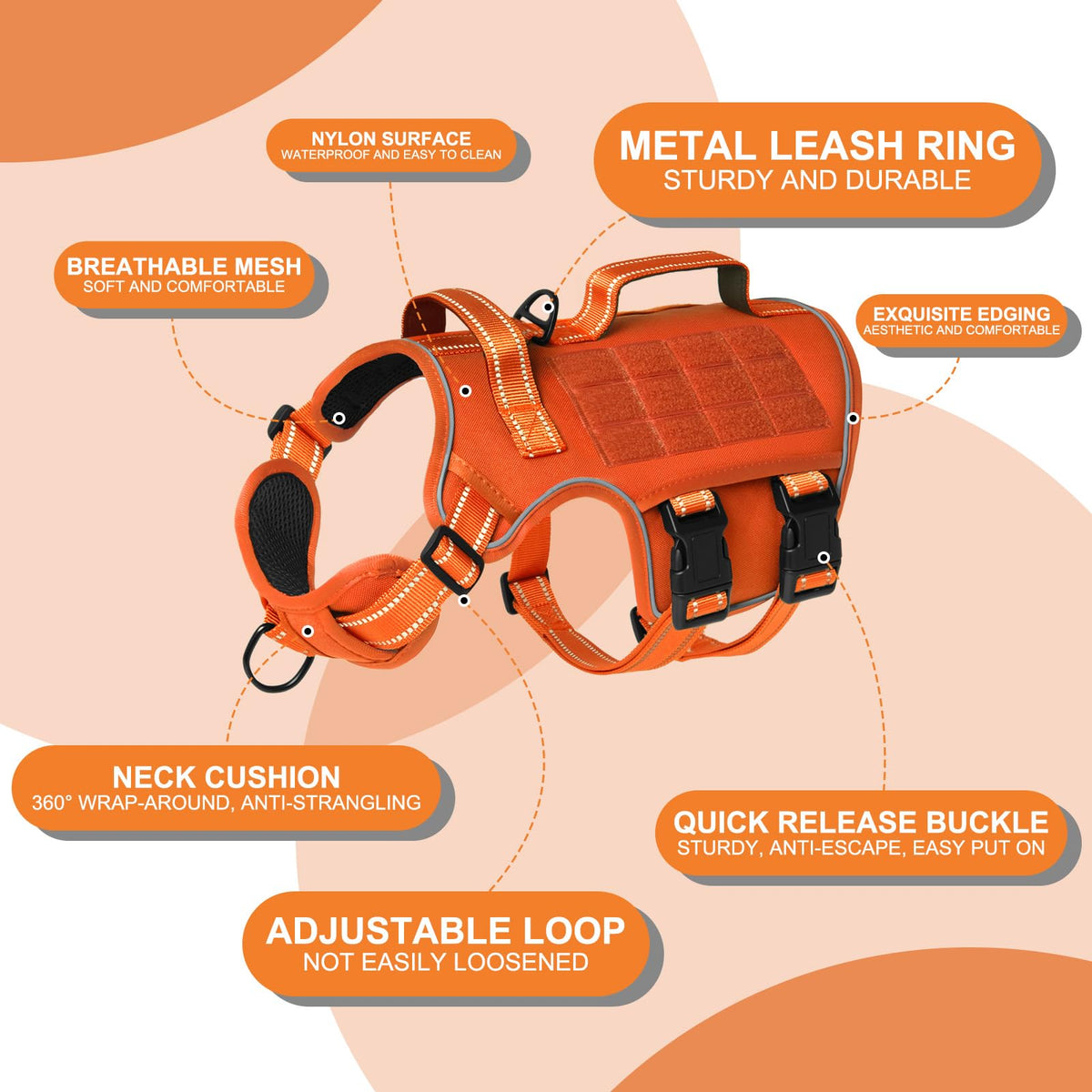 Dog Harness for Large Dogs (Orange / L(Neck:18-24",Chest:25-36"),45-80 lbs)