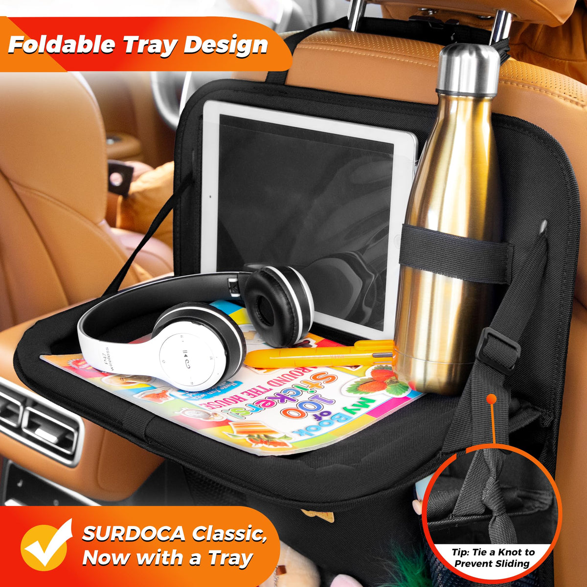 Backseat Car Organizer with Foldable Tray for Kids & Adults (Black (1 Pack))