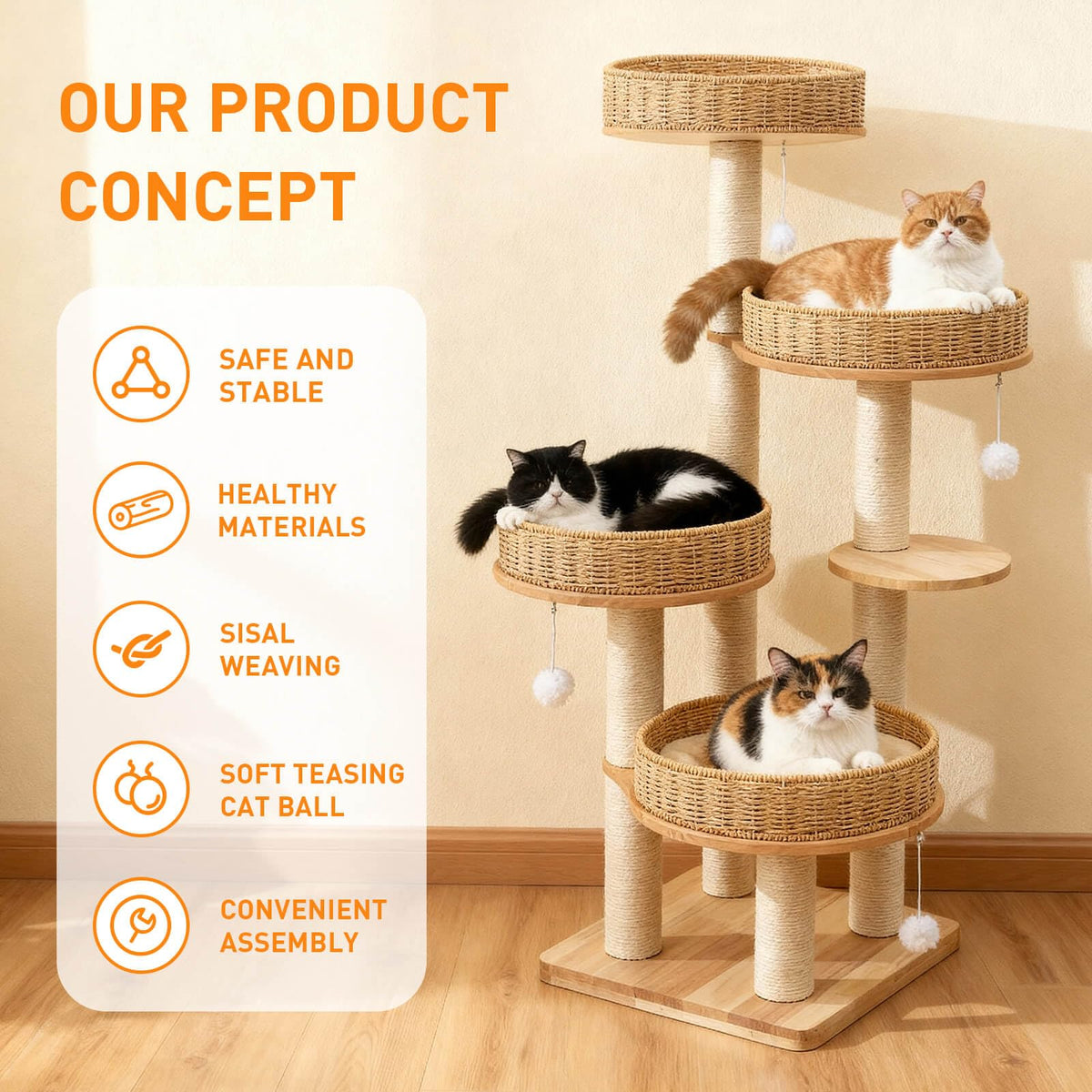 54in Solid Wood Cat Tree for Indoor Cats