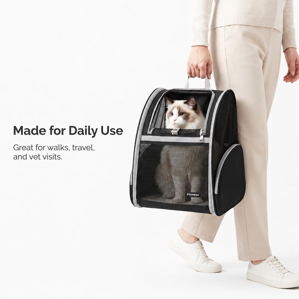 Cat Backpack Carrier for Small Dogs and Medium cat Puppy Kitten Bunny Pet Carrier Backpack Collapsible with Fully Ventilated Mesh with Safety Leash (Black / 12.9"L x 10.6"W x 15.5"H)
