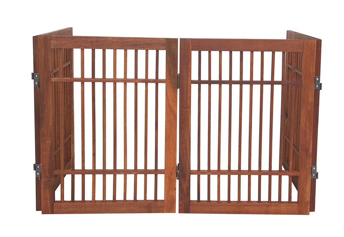 Freestanding Wooden Dog Gate Foldable Indoor Pet Gate No Drill Expandable Barrier for Doorways Stairs Hallways Portable Wood Fence for Small Dogs & Puppies (4 Panel 24" Tall / Brown Pet Gate)