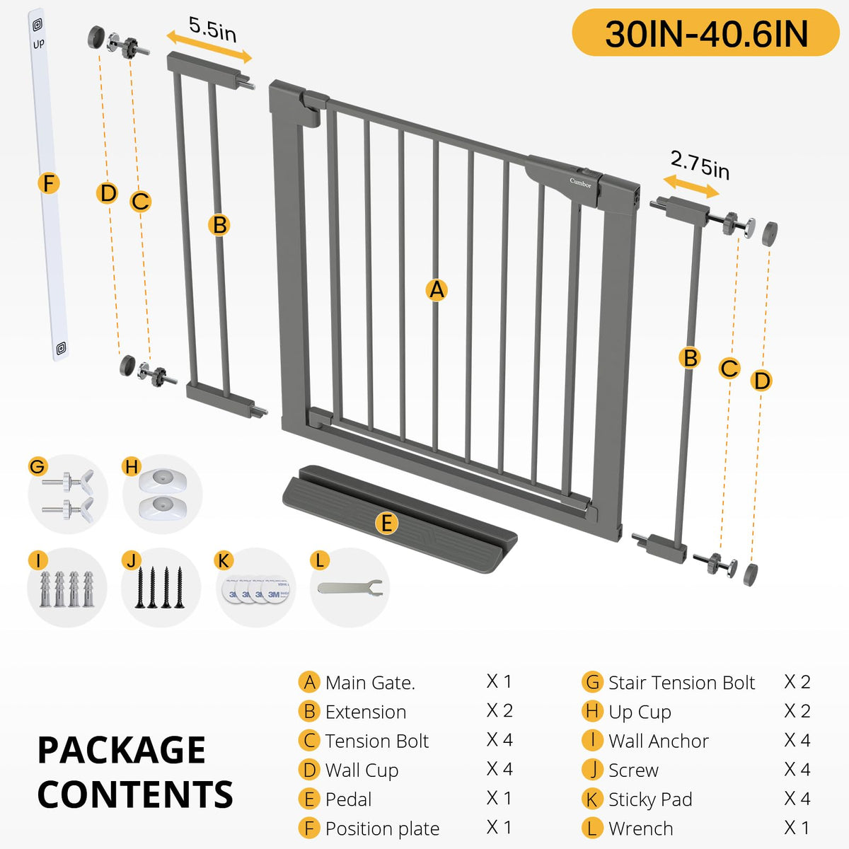 30 40.6 in Baby Gate for Stairs and Doorways (Cool Gray / 30-40.6"W x 30.5"H)