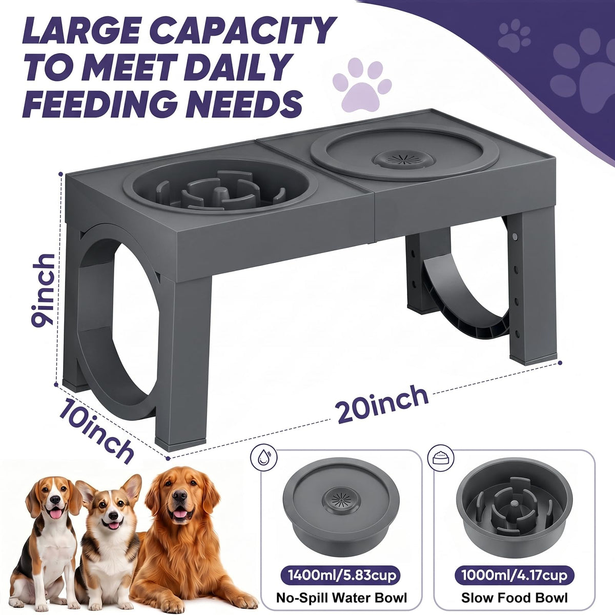 Elevated Dog Bowls Large Breed Raised Dogs Bowl Stand Large (D-Grey)