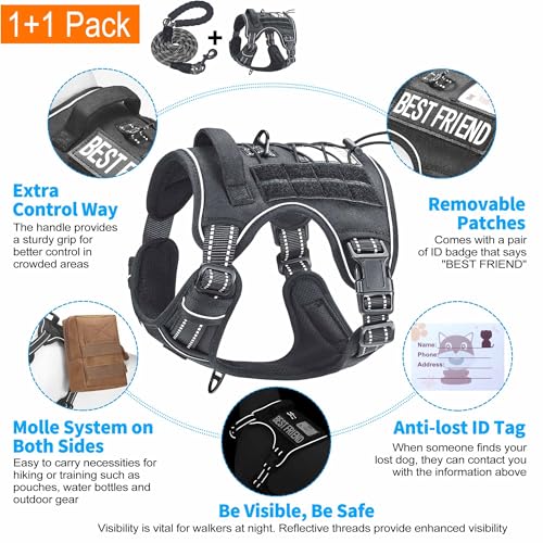 Tactical No Pull Dog Harness with Leash (Black / Medium)