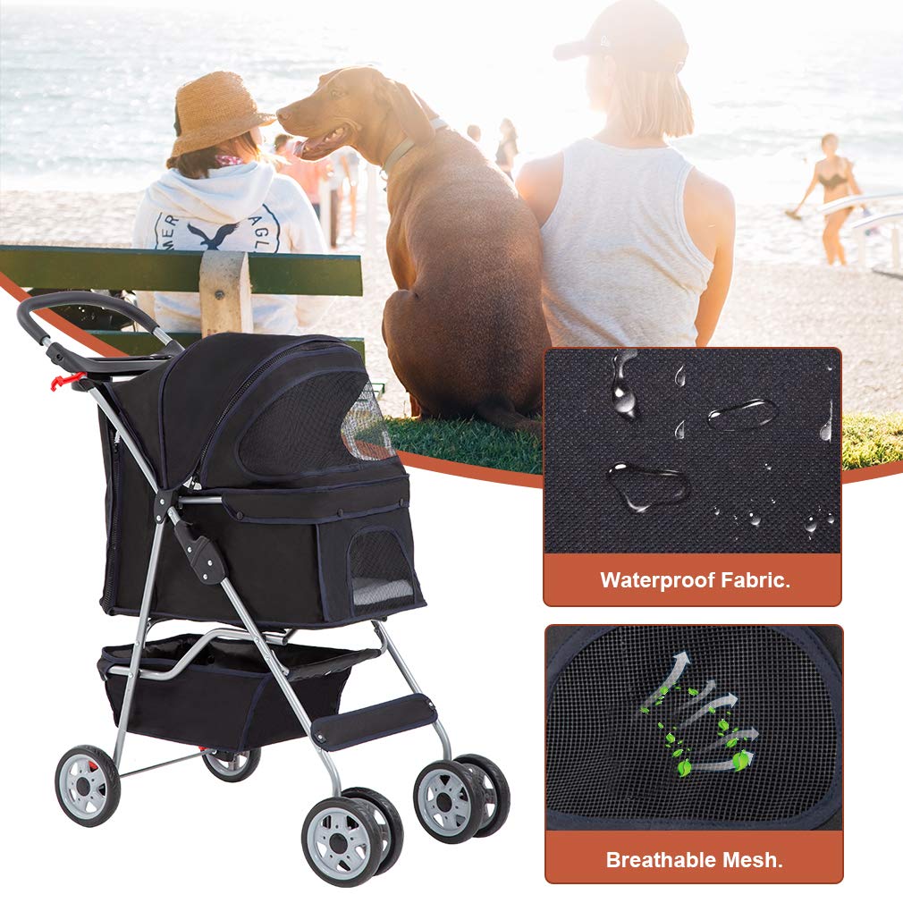 4 Wheel Foldable Pet Stroller (Black / 4 Wheels)