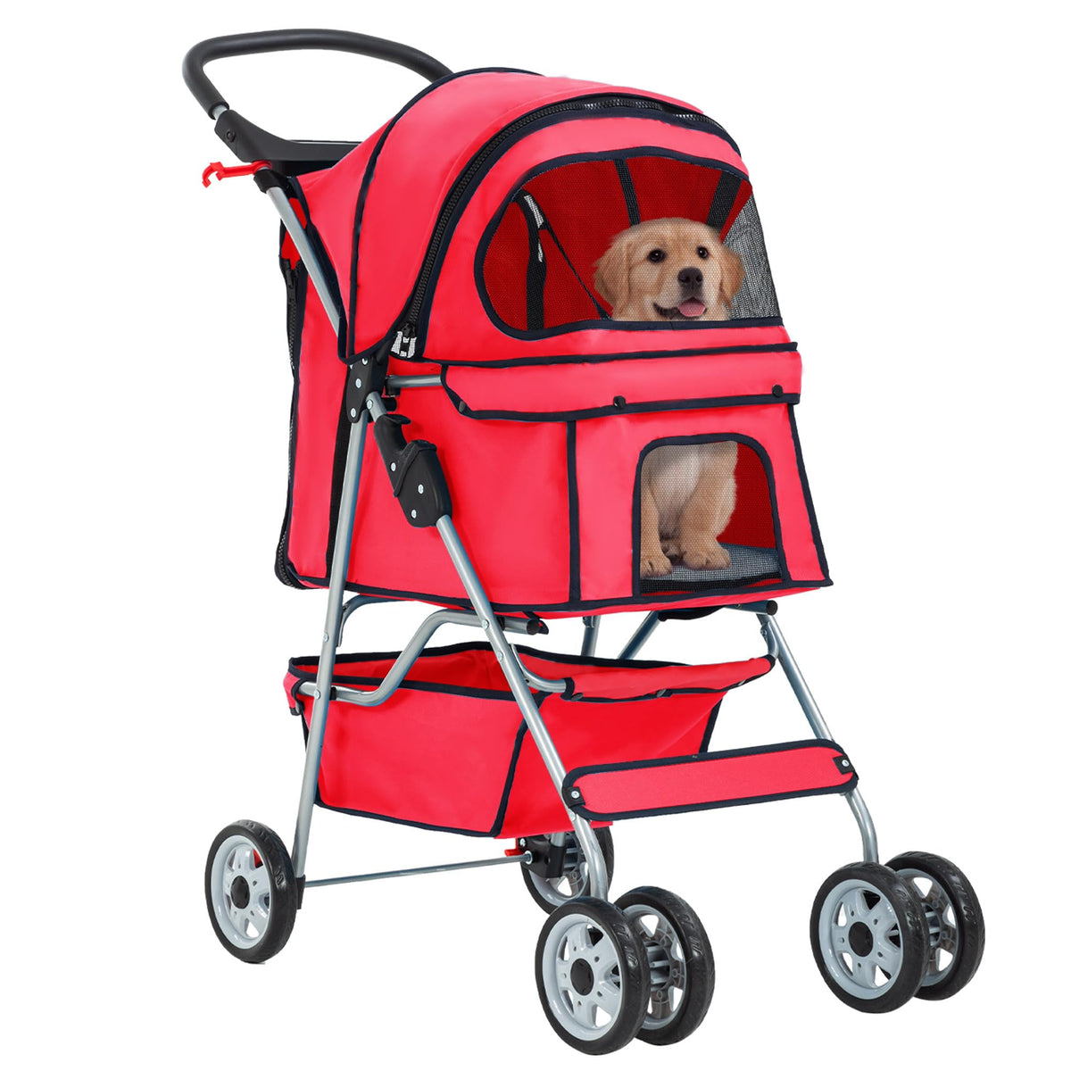 4 Wheel Foldable Pet Stroller (Red / 4 Wheels)